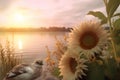 Beautiful sunset scene on lake with sunflower and bird. Generate ai Royalty Free Stock Photo