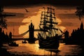 Beautiful Sunset Scene of Sailing Ship Silhouette at Tower Bridge in London, brown, orange and black AI generative illustration
