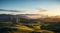 Beautiful sunset scenery with wind turbines. Generated AI. Royalty Free Stock Photo