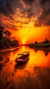 Beautiful sunset scenery on river a boat roaming,