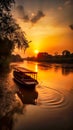 Beautiful sunset scenery on river a boat roaming,