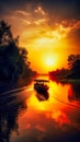 Beautiful sunset scenery on river a boat roaming, Generative AI