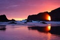 Sunset over the Pacific through sea arches, Olympic National Park, Washington, USA Royalty Free Stock Photo