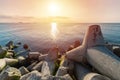 Beautiful sunset seascape, Breakwaters tetrapods ashore of pier, Cargo ships on the horizon, Travel dreams and motivation Royalty Free Stock Photo