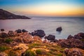 Beautiful sunset and seascape view of Golden Bay in Ghajn Tuffieha region, Malta, travel background Royalty Free Stock Photo
