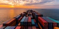 beautiful sunset shines on a large number of containers stacked on a cargo ship. Royalty Free Stock Photo
