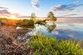 A beautiful sunset on the shore of Pleshcheyevo Lake in Pereslavl-Zalessky, Russia. gold ring of Russia Royalty Free Stock Photo