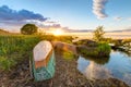 A beautiful sunset on the shore of Pleshcheyevo Lake in Pereslavl-Zalessky, Russia. gold ring of Russia Royalty Free Stock Photo