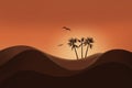 Beautiful sunset and silhouette of desert landscape with glowing sky and Palm tree Royalty Free Stock Photo