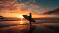 Beautiful Sunset. Silhouette of female surfer holding surfboard while standing on beach. Generative AI Royalty Free Stock Photo