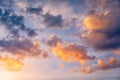 Beautiful sunset sky above clouds with dramatic light. Sunset sky for background, sunrise sky and clouds. Bright orange and blue Royalty Free Stock Photo