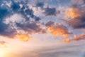 Beautiful sunset sky above clouds with dramatic light. Sunset sky for background, sunrise sky and clouds. Bright orange and blue Royalty Free Stock Photo