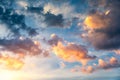 Beautiful sunset sky above clouds with dramatic light. Sunset sky for background, sunrise sky and clouds. Bright orange and blue Royalty Free Stock Photo