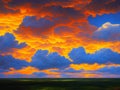 Beautiful sunset sky above clouds with dramatic light. Yellow, orange, red clouds above the horizon. Beautiful evening Royalty Free Stock Photo