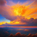 Beautiful sunset sky above clouds with dramatic light. Yellow, orange, red clouds above the horizon. Beautiful evening Royalty Free Stock Photo