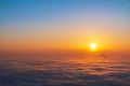 Sunset sky above clouds, dramatic sunset sky. Nature background, aerial view. Royalty Free Stock Photo