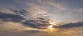 Beautiful sunset sky and clouds with dramatic light, Twilight sky and sun rays, Orange and red sky background with light of the Royalty Free Stock Photo