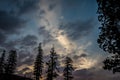 Beautiful sunset sky with Jeffrey Pine trees and interesting cloud formations in Mammoth Lakes California Royalty Free Stock Photo