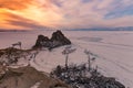 Beautiful after sunset sky over frozen Lake Baikal, Oltrek island Royalty Free Stock Photo