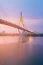 Beautiful after sunset sky over Rama9 Suspension bridge Bangkok river front Royalty Free Stock Photo