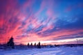 beautiful sunset sky with pink clouds over winter village for abstract background Royalty Free Stock Photo