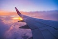 Beautiful sunset, sky on the top view, airplane flying view from inside window aircraft. Royalty Free Stock Photo