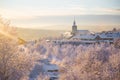 Beautiful sunset at the small Norwegian town Roros. Church in the evening sun. Royalty Free Stock Photo