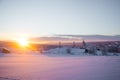 Beautiful sunset at the small Norwegian town Roros. Church in the evening sun. Royalty Free Stock Photo