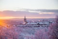 Beautiful sunset at the small Norwegian town Roros. Church in the evening sun. Royalty Free Stock Photo