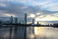 Beautiful sunset in summer over a pond in the city of Yekaterinburg