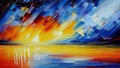 Beautiful sunset or sunrise over the sea, ocean or lake. Oil painting created by artificial intelligence. Large sweeping Royalty Free Stock Photo