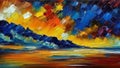 Beautiful sunset or sunrise over the sea, ocean or lake. Oil painting created by artificial intelligence. Large sweeping Royalty Free Stock Photo