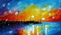 Beautiful sunset or sunrise over the sea, ocean or lake. Oil painting created by artificial intelligence. Large sweeping Royalty Free Stock Photo