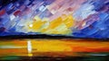 Beautiful sunset or sunrise over the sea, ocean or lake. Oil painting created by artificial intelligence. Large sweeping Royalty Free Stock Photo