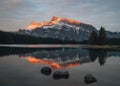 Beautiful sunset or sunrise over Two Jack Lake , Banff National Park, Alberta, Canada. Vermilion Lakes and Mount Rundle Royalty Free Stock Photo