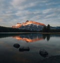 Beautiful sunset or sunrise over Two Jack Lake , Banff National Park, Alberta, Canada. Vermilion Lakes and Mount Rundle Royalty Free Stock Photo