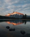 Beautiful sunset or sunrise over Two Jack Lake , Banff National Park, Alberta, Canada. Vermilion Lakes and Mount Rundle Royalty Free Stock Photo