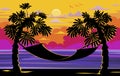 Beautiful Sunset, Sunrise with Palm Trees and hammock, relaxing concept,