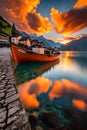 Beautiful sunset in swiss town at the evening with burning clouds, sunset, reflection of the sea surface, panoramic ultra HD