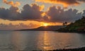 A beautiful sunset is taking place over a body of water with a palm tree in the background. Royalty Free Stock Photo