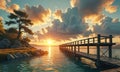 A beautiful sunset is taking place over a lake with a wooden pier in the foreground. Royalty Free Stock Photo