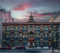 Beautiful sunset in the `Tea House` Perlov on Myasnitskaya Street in Moscow, built in 1890-1893,