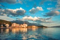 Beautiful sunset in Tivat, Montenegro. Kotor bay, Adriatic sea Royalty Free Stock Photo