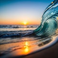 Beautiful sunset with a transparent wave showing the sun and sky colors