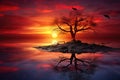 beautiful sunset with a tree in the water, 3d render, Sunset Bird Surreal Inspirational Nature Abstract, AI Generated