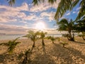 Beautiful sunset on the tropical beach on Boracay island, Philippines. Coconut palm trees, sea, sailboat and white sand. Nature Royalty Free Stock Photo