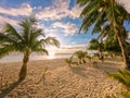 Beautiful sunset on the tropical beach on Boracay island, Philippines. Coconut palm trees, sea, sailboat and white sand. Nature Royalty Free Stock Photo