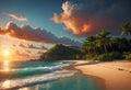 Beautiful sunset on a tropical beach with clouds, concept of beach holidays on islands and tropical resorts,