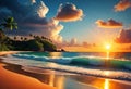 Beautiful sunset on a tropical beach with clouds, concept of beach holidays on islands and tropical resorts,