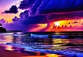 Beautiful sunset on a tropical beach with clouds, concept of beach holidays on islands and tropical resorts,